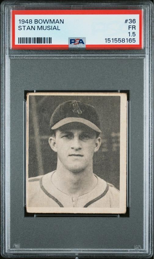 1948 Bowman #36 Stan Musial Rookie RC PSA 1.5 FR HOF: Condition: Graded - PSA 1.5: Professionally graded,Graded: Yes,Sport: Baseball,Player/Athlete: Stan Musial,Manufacturer: Bowman,Season: 1948,Set: 1948 Bowman,League: MLB,Team: St. Louis