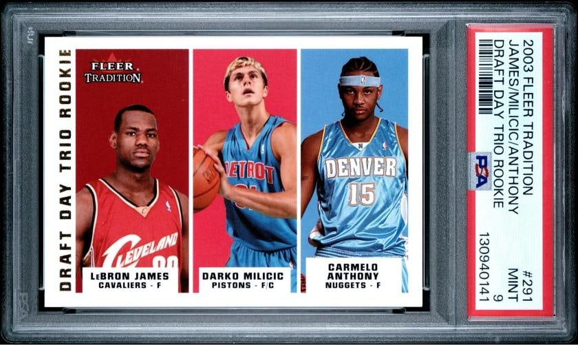 2003 Fleer Tradition #291 LeBron James Anthony Draft Day Trio Rookie /375 PSA 9: Condition: Graded - PSA 9: Professionally graded,Graded: Yes,Sport: Basketball,Player/Athlete: James/Milicic/Anthony,Parallel/Variety: Draft Day Trio Rookie,Manufacturer: Fleer,Season: 2003,Set: 2003
