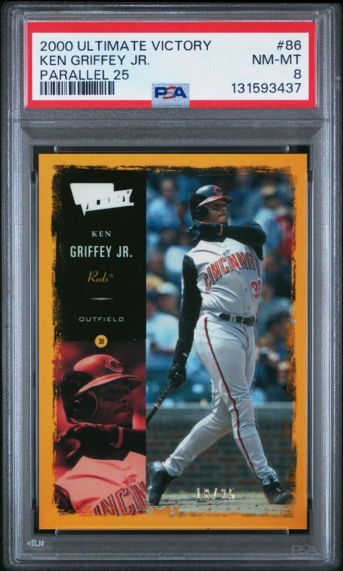 2000 Ultimate Victory #86 Ken Griffey Jr. Parallel 25 Gold /25 PSA 8 NM-MT: Condition: Graded - PSA 8: Professionally graded,Graded: Yes,Sport: Baseball,Player/Athlete: Ken Griffey Jr.,Parallel/Variety: Parallel 25,Manufacturer: Upper Deck,Season: 2000,Set: 2000 Ultimate
