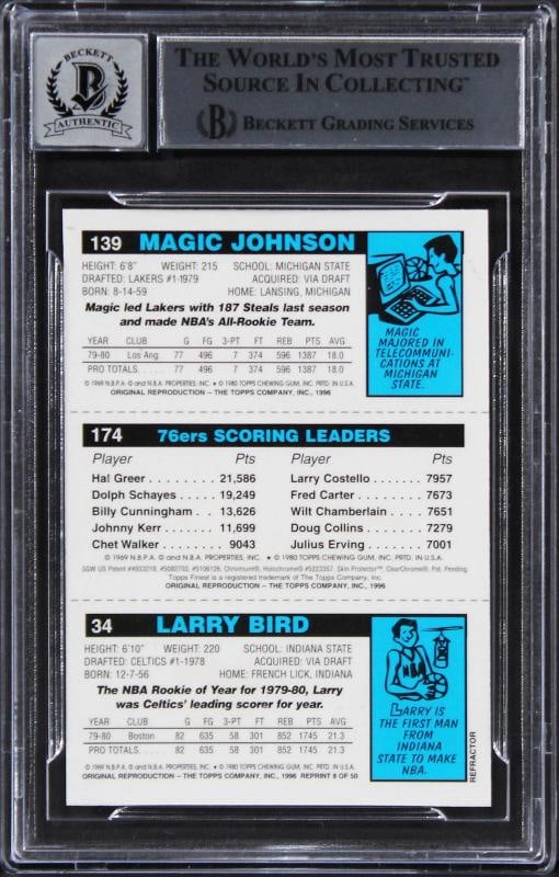 Bird, Erving & Magic Signed 1996 SC Finest Refractors #8 Card Auto 10 PSA Slab - 2
