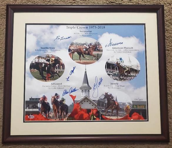 Triple Crown Limited Edition Collage 1973-2018 Five Signatures: signed by the 5 winning riders, Ron Turcotte, Jean Cruguet, Steve Cauthen, Victor Espinoza and Mike Smith . collage size is 16" x 20" and is custom framed in mahogany measuring 22" x 26" approx..