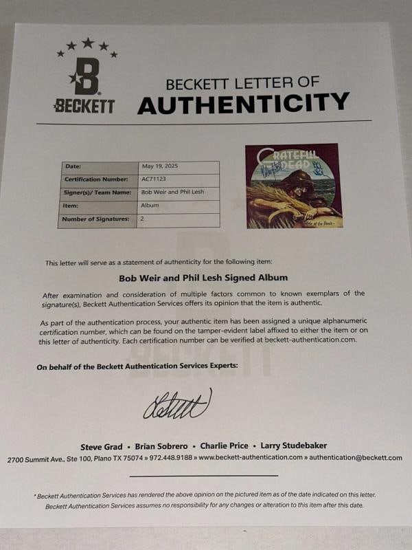 BOB WEIR & PHIL LESH Signed Grateful Dead LP ALBUM COVER (Beckett LOA) - 7