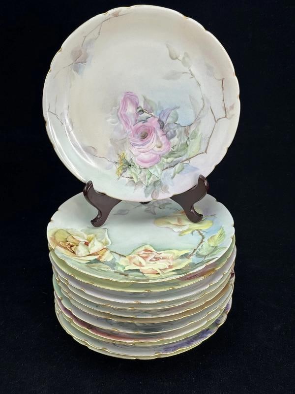 12 Antique Circa 1890s Jean Pouyat Limoges Hand Painted Floral Dinner Plates (1 of 7)