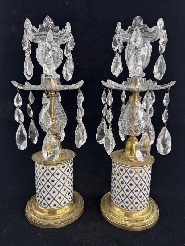 Antique Pair Porcelain Brass and Crystal Candlesticks or Girondoles: Each piece stands 13 inches in height. The base diameter measures 4 3/8 inches. All crystal prisms are present and intact. . Condition: Used: An item that has been used previously. The item may have