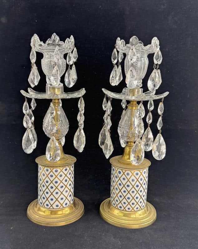 Antique Pair Porcelain Brass and Crystal Candlesticks or Girondoles - 2