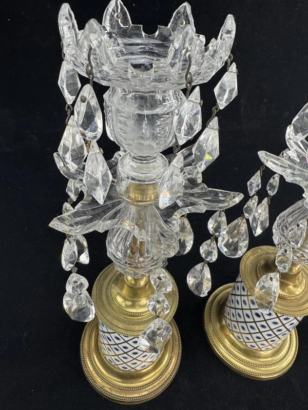 Antique Pair Porcelain Brass and Crystal Candlesticks or Girondoles - 3