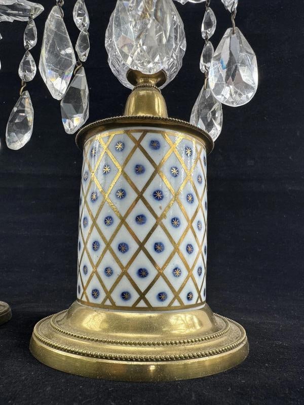 Antique Pair Porcelain Brass and Crystal Candlesticks or Girondoles - 4