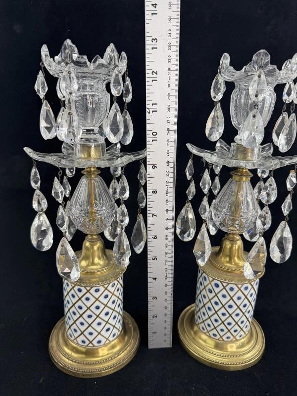 Antique Pair Porcelain Brass and Crystal Candlesticks or Girondoles - 6