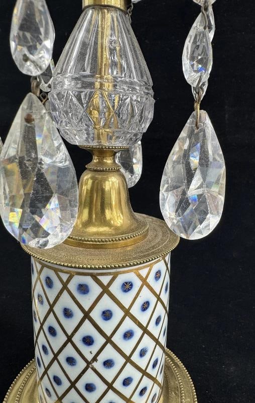Antique Pair Porcelain Brass and Crystal Candlesticks or Girondoles - 7