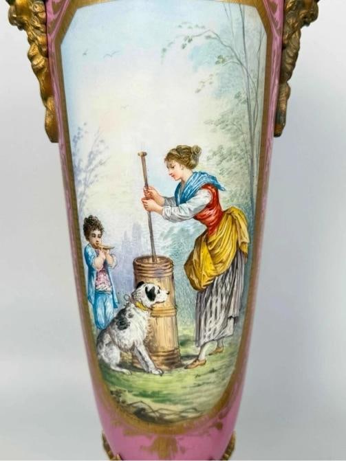 Pair Antique Samson Sevres Louis XVI Rose Pompadour Porcelain Ormolu Bronze Urns - 10