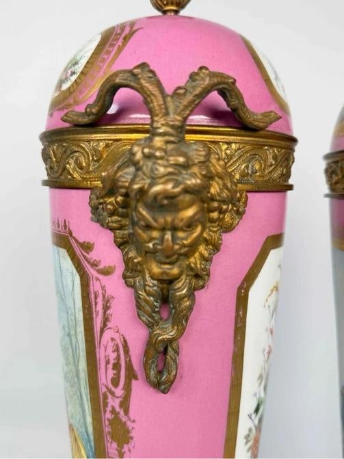 Pair Antique Samson Sevres Louis XVI Rose Pompadour Porcelain Ormolu Bronze Urns - 13