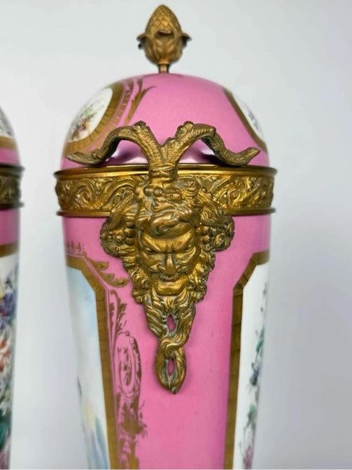 Pair Antique Samson Sevres Louis XVI Rose Pompadour Porcelain Ormolu Bronze Urns - 14