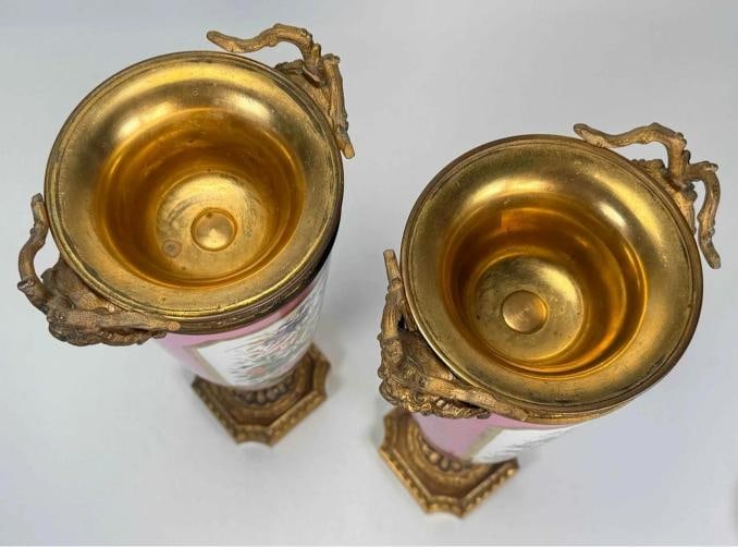 Pair Antique Samson Sevres Louis XVI Rose Pompadour Porcelain Ormolu Bronze Urns - 19