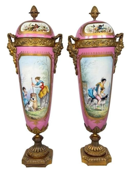 Pair Antique Samson Sevres Louis XVI Rose Pompadour Porcelain Ormolu Bronze Urns: DIMENSIONS: Height: 17-3/4" Width: 6-1/4" (handle to handle) Diameter of Top Opening: 4-5/8". Condition: Used,Type: Urn,Antique: Yes,Color: Pink,Country of Origin: France,Era: Victorian