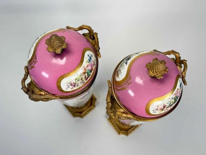 Pair Antique Samson Sevres Louis XVI Rose Pompadour Porcelain Ormolu Bronze Urns - 20