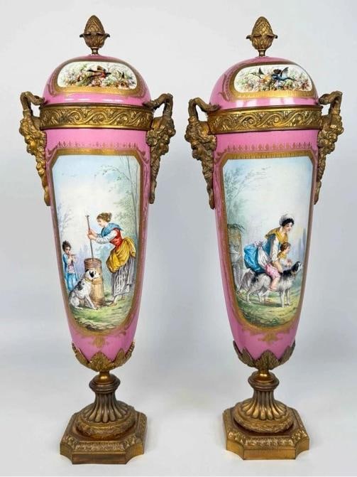 Pair Antique Samson Sevres Louis XVI Rose Pompadour Porcelain Ormolu Bronze Urns - 2