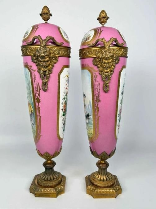 Pair Antique Samson Sevres Louis XVI Rose Pompadour Porcelain Ormolu Bronze Urns - 4