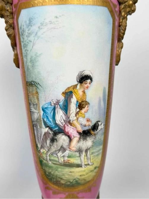 Pair Antique Samson Sevres Louis XVI Rose Pompadour Porcelain Ormolu Bronze Urns - 9