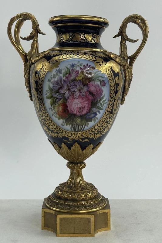Ornate Mid 1800s French Ormolu Gilt Bronze Porcelain Urn Vase Hand Painted: This piece stands about 15 3/4 inches tall at the highest point and measures about 10 1/4 inches across the handles. . Condition: Used: An item that has been used previously. The item may have some