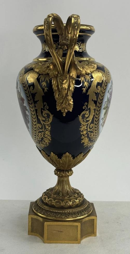 Ornate Mid 1800s French Ormolu Gilt Bronze Porcelain Urn Vase Hand Painted - 2