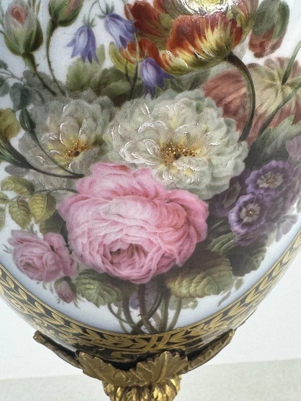 Ornate Mid 1800s French Ormolu Gilt Bronze Porcelain Urn Vase Hand Painted - 4
