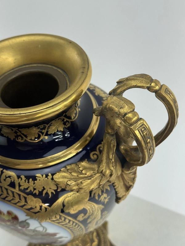 Ornate Mid 1800s French Ormolu Gilt Bronze Porcelain Urn Vase Hand Painted - 6