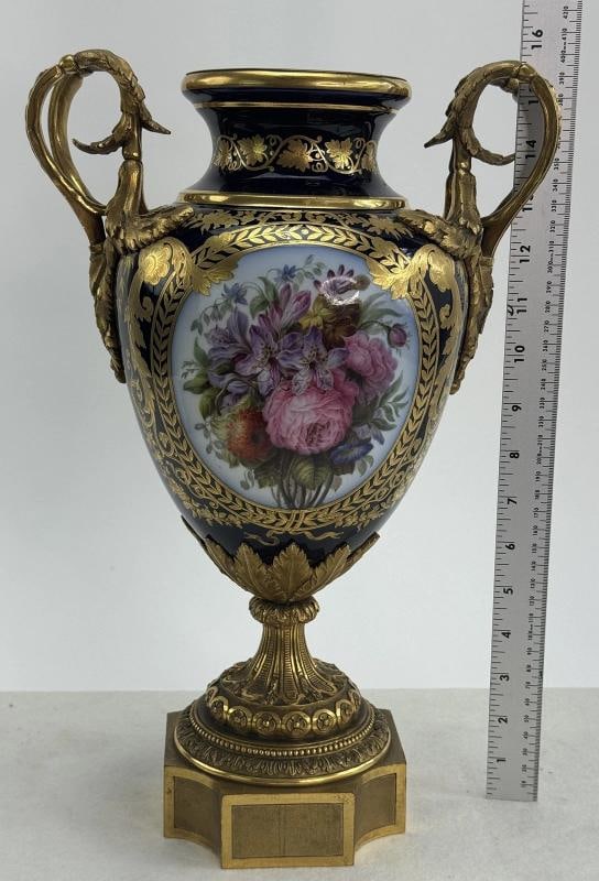 Ornate Mid 1800s French Ormolu Gilt Bronze Porcelain Urn Vase Hand Painted - 9