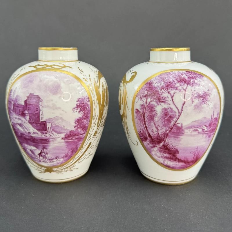 Pair Antique English Gold Pink Handpainted Vases: Each vase stands about 5 3/8 inches tall and measures about 4 inches in diameter. . Condition: Used: An item that has been used previously. The item may have some signs of cosmetic wear, but is ...