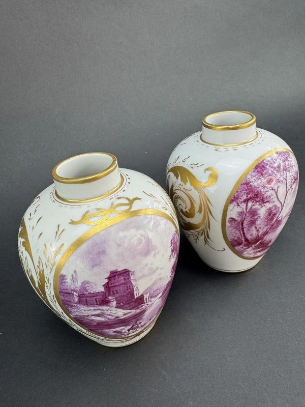 Pair Antique English Gold Pink Handpainted Vases - 2