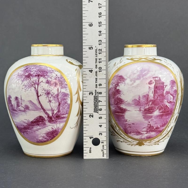 Pair Antique English Gold Pink Handpainted Vases - 8