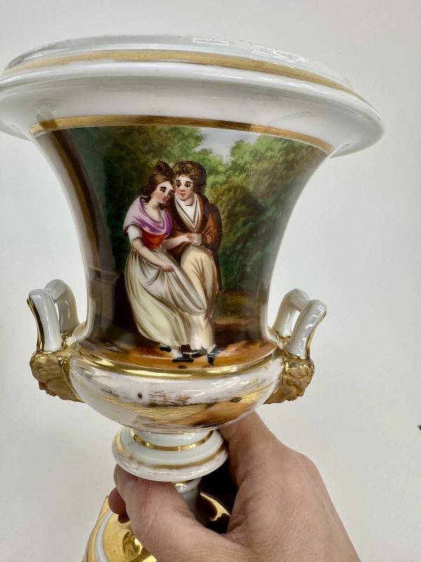 Pair c1850s Continental European Hand Painted Courting Scene Urns - 2