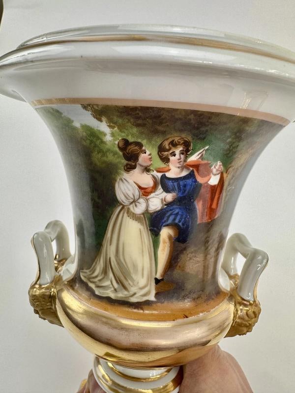 Pair c1850s Continental European Hand Painted Courting Scene Urns - 3