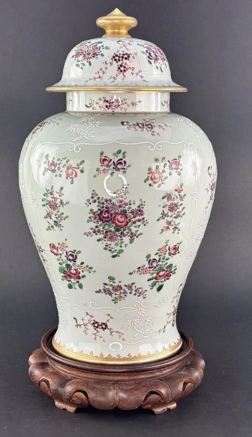 Impressive Early 1900s French Samson Pink White Lidded Urn Vase Large Size: The urn stands about 17 1/2 inches to the top of the finial and has a maximum diameter of about 10 inches. The base measures about 7 inches in diameter. The height of the urn, on the wooden stand, is 