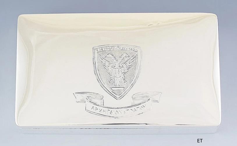 Greek Sterling Silver Hellenic Army Emblem Cigarette Box: Type: Boxes,Composition: Sterling Silver,Country of Origin: Greece Presented is an interesting Greek sterling silver box, likely for cigars or cigarettes. This is a modern piece, made in Athens. The