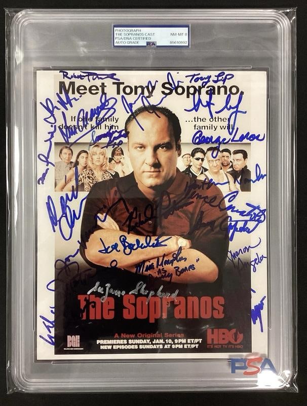 The Sopranos Multi Cast Signed 8x10 Photo with 20+ Signatues Including James Gandolfini (PSA 8 Auto: Signed By DAN GRIMALDI DAVID CHASE DAVID MARGULIES GEORGE LOROS JOE MARUZZO JOHN VENTIMIGLIA JOSEPH BADALUCCO JR. KATHRINE NARDUCCI MATTHEW DEL NEGRO MIKE MEMPHIS RICHARD PORTNOW ROBERT FUNARO SAL