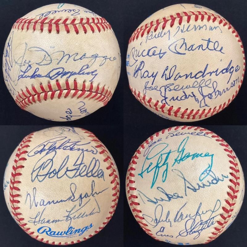 Hall of Famers Multi Signed Baseball Joe DiMaggio, Mickey Mantle +18 More (JSA): Signatures include: Sweet Spot - Joe DiMaggio, Luke Appling West Panel - Harmon Killebrew, Warren Spahn, Bob Feller, Ralph Kiner East Panel - Lou Boudreau, Eddie Mathews, Johnny Mize, Lou Brock North