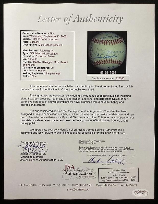 Hall of Famers Multi Signed Baseball Joe DiMaggio, Mickey Mantle +18 More (JSA) - 9