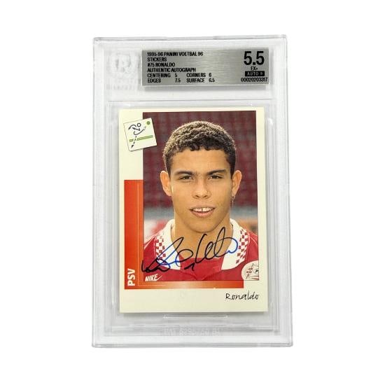 Ronaldo Nazario Signed 1995-96 Panini Voetbal 96 Stickers #75 - BGS 5.5 AUTO 9: Condition: Graded - BGS 5.5: Professionally graded,Type: Sports Trading Card,Sport: Soccer,Autographed: Yes,Signed By: Ronaldo Nazario,Autograph Format: Hard Signed,Autograph Authentication: Beckett