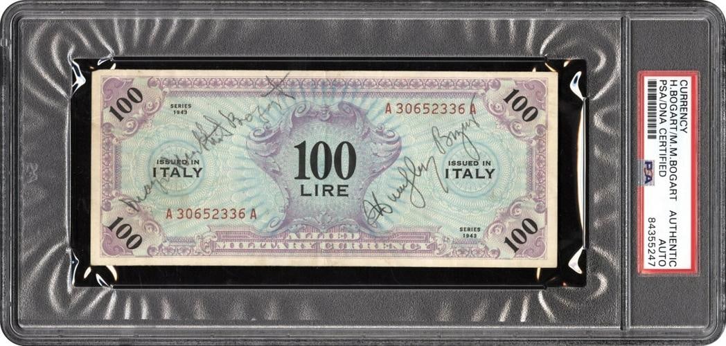 Humphrey Bogart Signed World War 2 1942 Italian Currency 100 LIRE PSA DNA COA: Autograph Authentication: Professional Sports (PSA/DNA),Industry: Movies,Original/Reproduction: Original,Object Type: Photograph,Country of Origin: United States