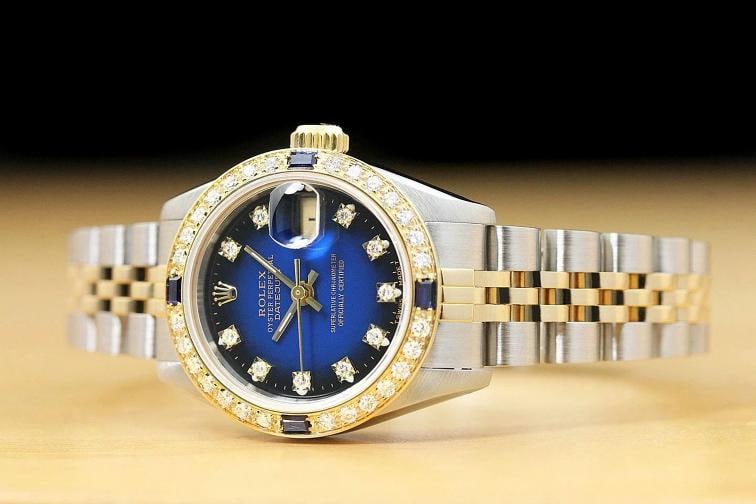 ROLEX LADIES DATEJUST FACTORY DIAL DIAMOND SAPPHIRE BEZEL 18K GOLD SS WATCH - 2