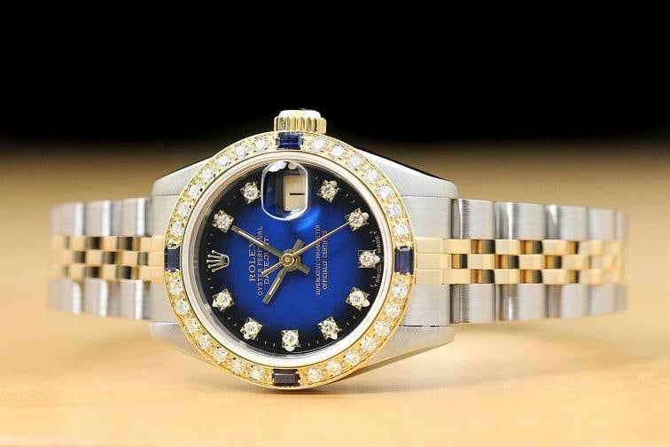 ROLEX LADIES DATEJUST FACTORY DIAL DIAMOND SAPPHIRE BEZEL 18K GOLD SS WATCH - 3