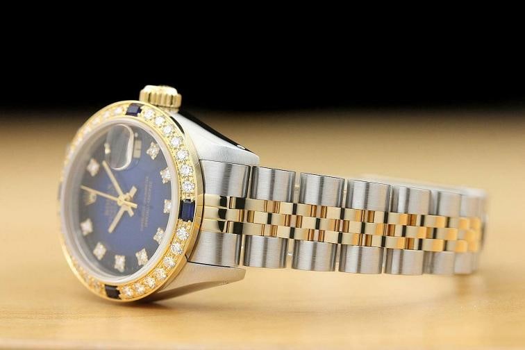 ROLEX LADIES DATEJUST FACTORY DIAL DIAMOND SAPPHIRE BEZEL 18K GOLD SS WATCH - 4