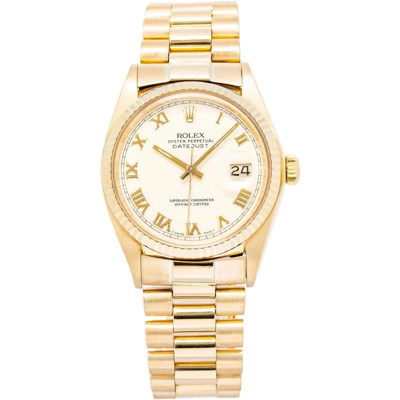 Rolex Datejust 16018 President Yellow Gold Ivory Roman 36mm: Case Size 36mm Wrist Fit 7.75 inches Box No Papers No Condition Ã¢â‚¬â€ Good Full Specifications SKU rolex#3526 Brand Rolex Model Datejust Reference 16018