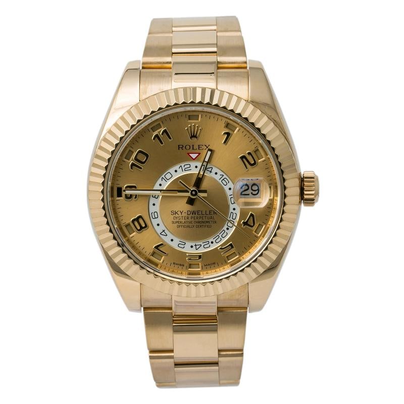 Rolex Sky-Dweller 326938 Oyster Yellow Gold Champagne Automatic 42mm: Case Size 42mm Wrist Fit 7.75 inches Box No Papers No Condition Ã¢â‚¬â€ Good Full Specifications SKU Rolex#2744 Brand Rolex Model Sky-Dweller Reference
