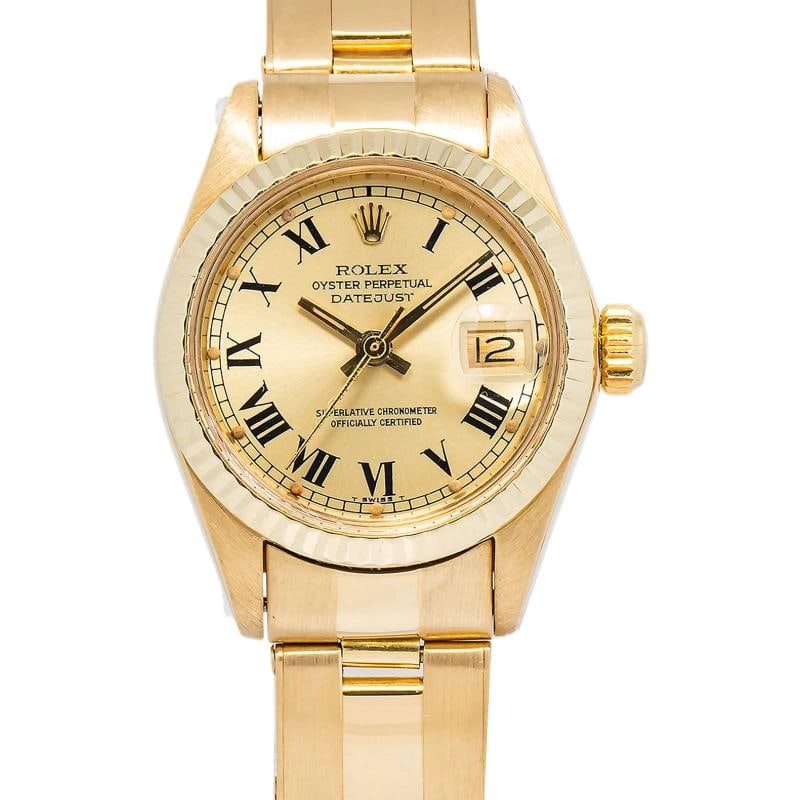 Rolex Datejust 6917 Oyster Yellow Gold Champagne Index 26mm: Full Specifications SKU Rolex#3201 Brand Rolex Model Datejust Reference 6917 Customized No Serial # 518**** Gender Women Band Material Yellow Gold Band Color Oyster Bezel Diameter 26mm Case Material Y