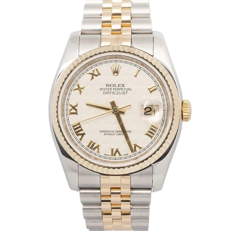 Rolex Datejust 116233 2011 Card Jubilee Steel Ivory Pyramid Roman Auto 36mm: Case Size 36mm Wrist Fit 6.5 inches Box No Papers Yes Condition Ã¢â‚¬â€ Excellent Full Specifications SKU Rolex#3828 Brand Rolex Model Datejust Reference
