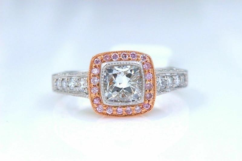 Platinum & Rose Gold Diamond Engagement Ring Cushion & Pink Diamonds - 10