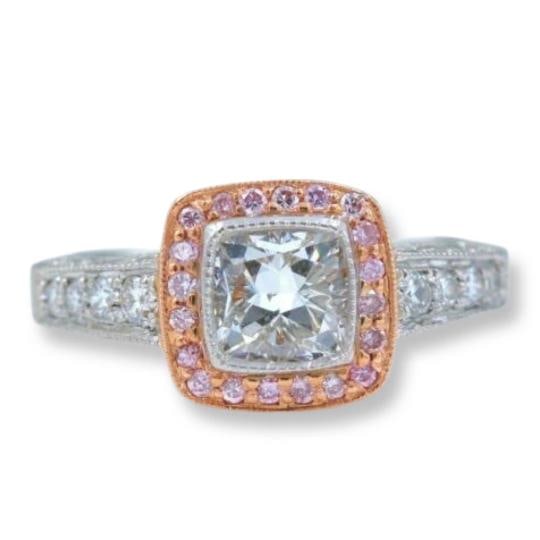Platinum & Rose Gold Diamond Engagement Ring Cushion & Pink Diamonds: Condition: Pre-owned - Excellent,Use Occasion: Engagement,Main Stone Creation: Natural,Fancy Diamond Color: Gold,Sizable: Yes,Main Stone Color: White/Colorless,Metal: Rose Gold,Gender: Female,Total