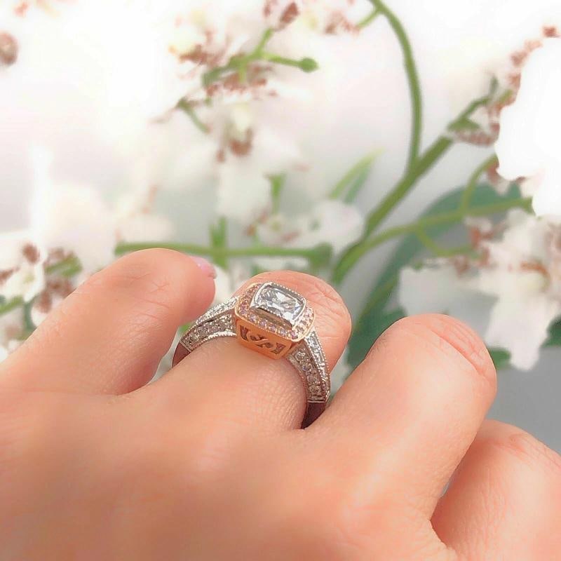 Platinum & Rose Gold Diamond Engagement Ring Cushion & Pink Diamonds - 3