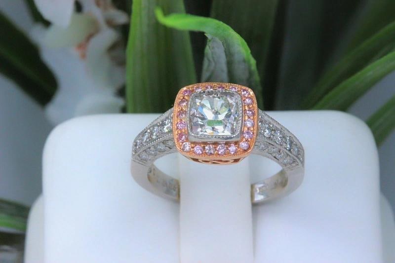 Platinum & Rose Gold Diamond Engagement Ring Cushion & Pink Diamonds - 4